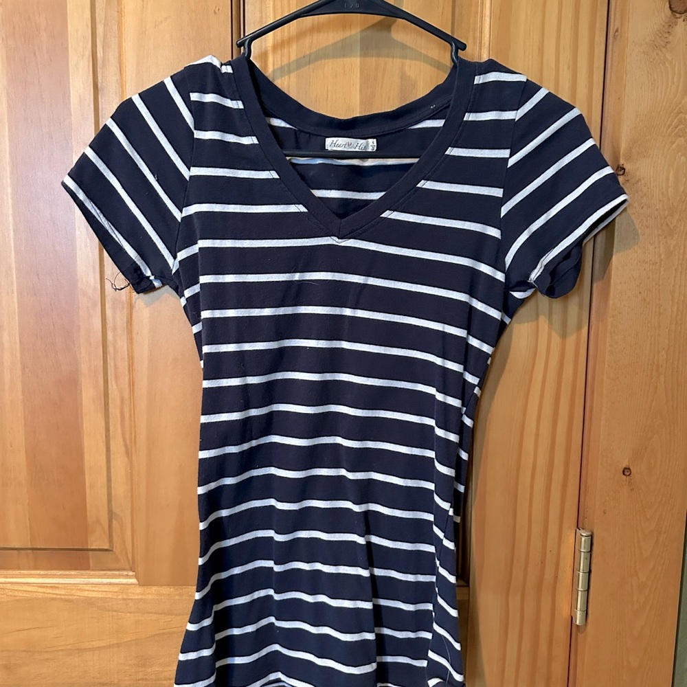 Tight-fitting navy and white striped t-shirt; size small; $7